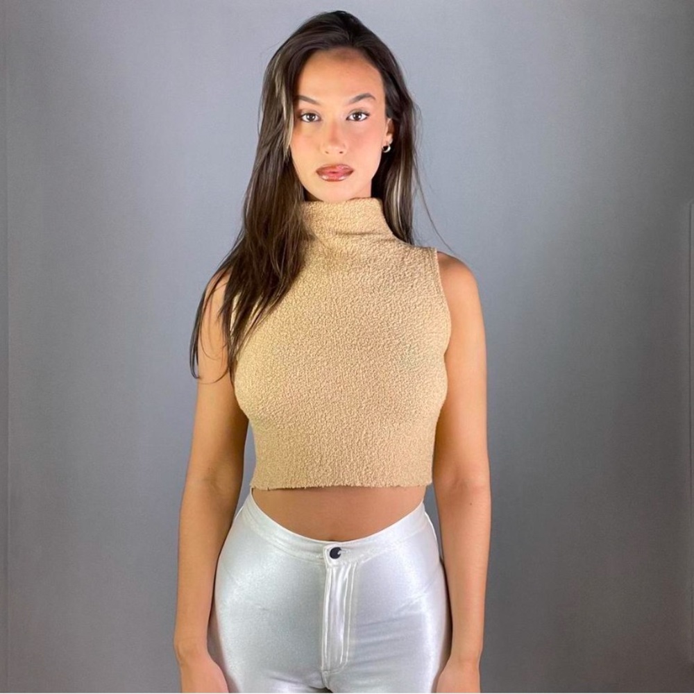 Beige Sleeveless Turtleneck Top